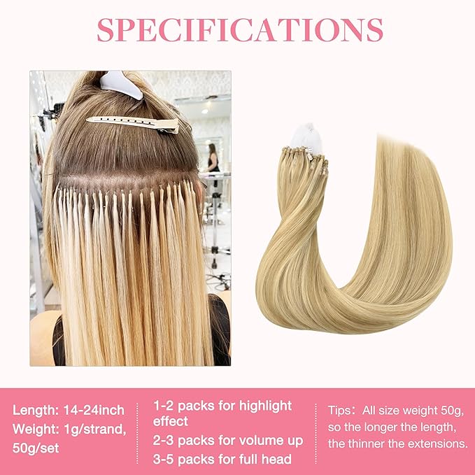 GOO GOO Micro Link Tip Hair Extensions, Real Human Hair, 22inch 50g 50S, Cold Fusion, Invisible Remy, 16/22 Light Blonde Highlighted Golden Blonde