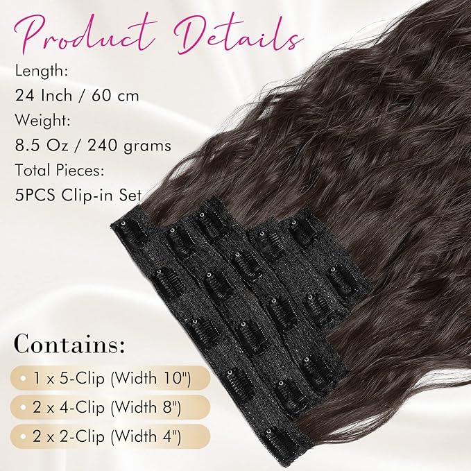 REECHO Clip in Hair Extensions, 5PCS Brown Hair Extensions 24" Thick Long Loose Waves hair extensions HE002 Invisible Lace Weft Natural Soft Hairpieces for Women – Dark Chocolate Brown
