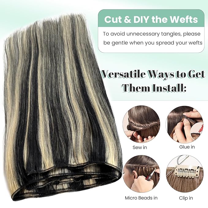 Weft Hair Extensions Black with Blonde Highlights Real Human Hair Extensions Sew in Double Weft 100G 20 Inch Full Head Black Blonde Highlight Hair Wefts Human Hair Sew in