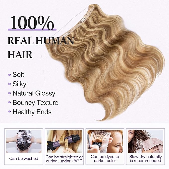 Halo Hair Extensions Real Human Hair,Halo Hair Extension 100% Human Hair,Wire Hair Extensions,Wavy Golden Brown Mixed Bleach Blonde,22 inch/75g
