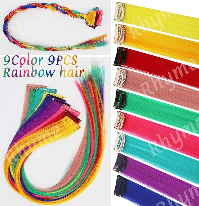 Rhyme 9 PCS Colored Hair Extensions Clip In 21 inch Straight Multicolored Hair Extensions Accessories For Girls Women Gift Party Highlights Wig Pieces (Rainbow Color)