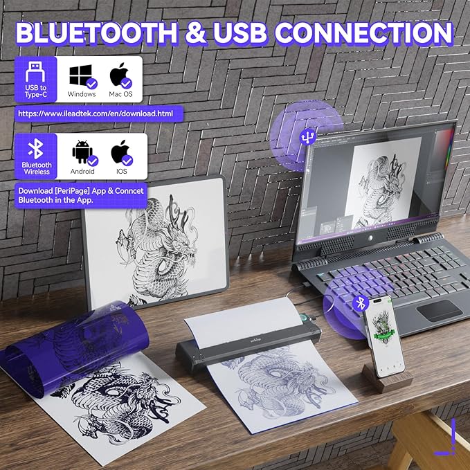 PeriPage Wireless Tattoo Stencil Printer - Professional & Beginner Friendly, Bluetooth & USB Connectivity, 5pcs Free Stencil Paper Included
