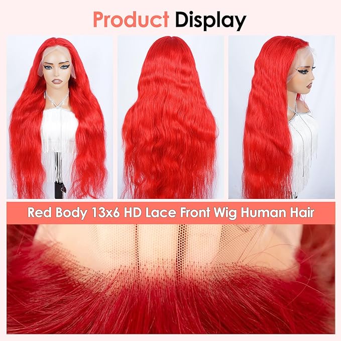 Red 13X6 Lace Front Wigs Human Hair 200 Density HD Transparent Body Wave Lace Front Wigs Human Hair Body Wave Wig Red HD Lace Frontal Colored Wig 13x6 for Black Women 24 Inch