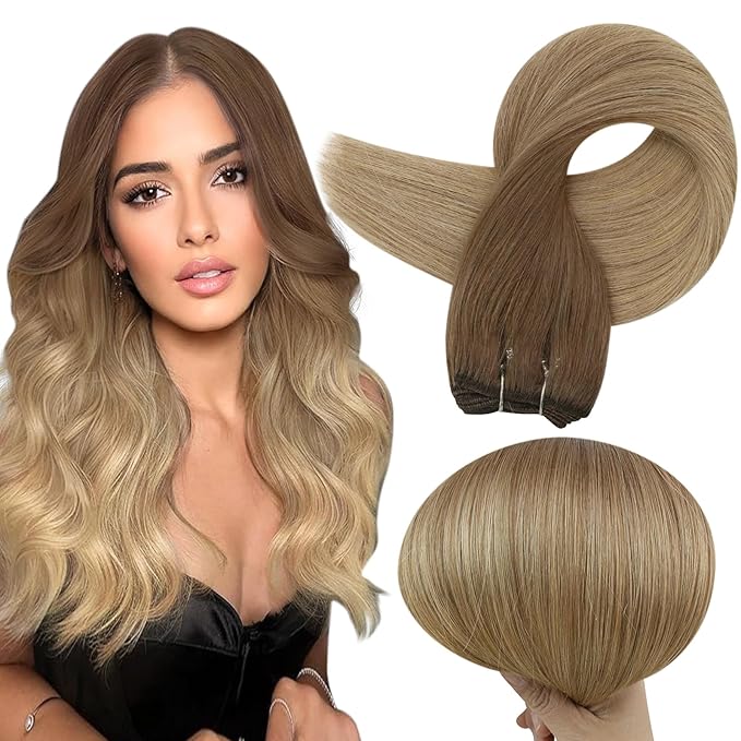 Full Shine 18 Inch Weft Hair Extensions Human Hair Sew In Extensions Real Human Hair Ombre Hair Extensions Sew In Color Golden Brown To Blonde Hair Weft 105G 18 Inch