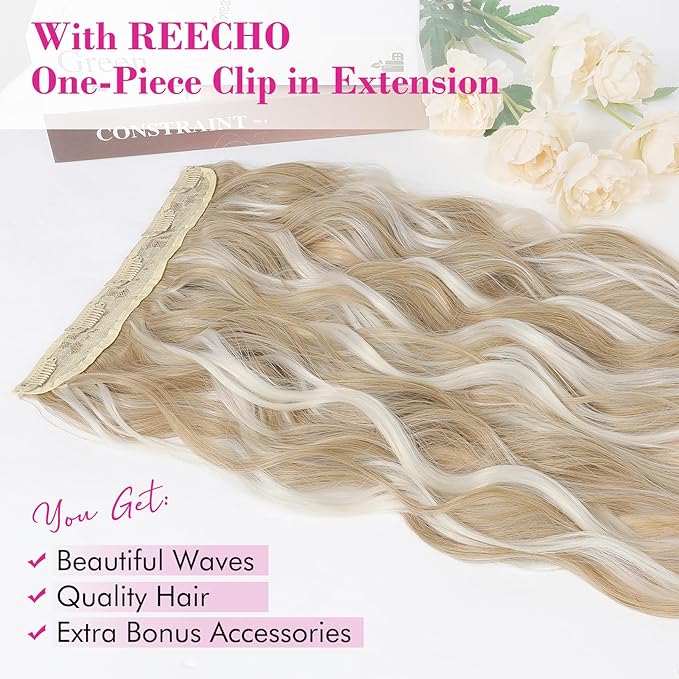 REECHO Blonde Hair Extensions, 20” One Piece Clip in Hair Extensions Thick Long Beach Wavy Natural Soft Synthetic Hairpieces for Women, Ash Blonde with Highlights