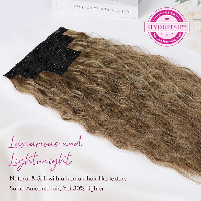 Clip in Hair Extensions, REECHO 5PCS Brown Hair Extensions 24" Thick Long Loose Waves hair extensions HE002 Invisible Lace Weft Natural Soft Hairpieces for Women – Light Brown with Blonde Highlights