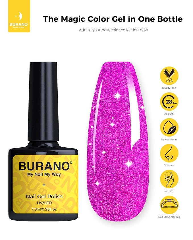 BURANO Glitter Gel Nail Polish with LED UV Cure, Shimmer Holographic Effect - Sparkle Gel for Home DIY Salon (Rose Purple LP56)