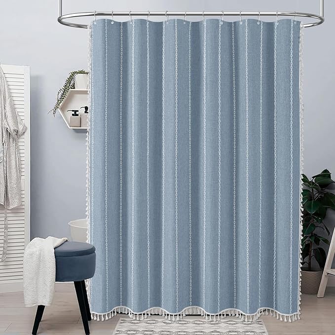 BTTN Boho Farmhouse Shower Curtain - Linen Rustic Heavy Duty Striped Fabric Shower Curtain Set, Bohemian Vintage Country Cloth Shower Curtains for Bathroom, Blue, 72" W x 78" L (Pack of 1)