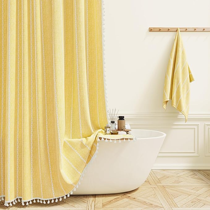 BTTN Boho Farmhouse Shower Curtain - Linen Rustic Heavy Duty Striped Fabric Shower Curtain Set, Bohemian Vintage Country Cloth Shower Curtains for Bathroom, Yellow, 72" W x 72" L (Pack of 1)