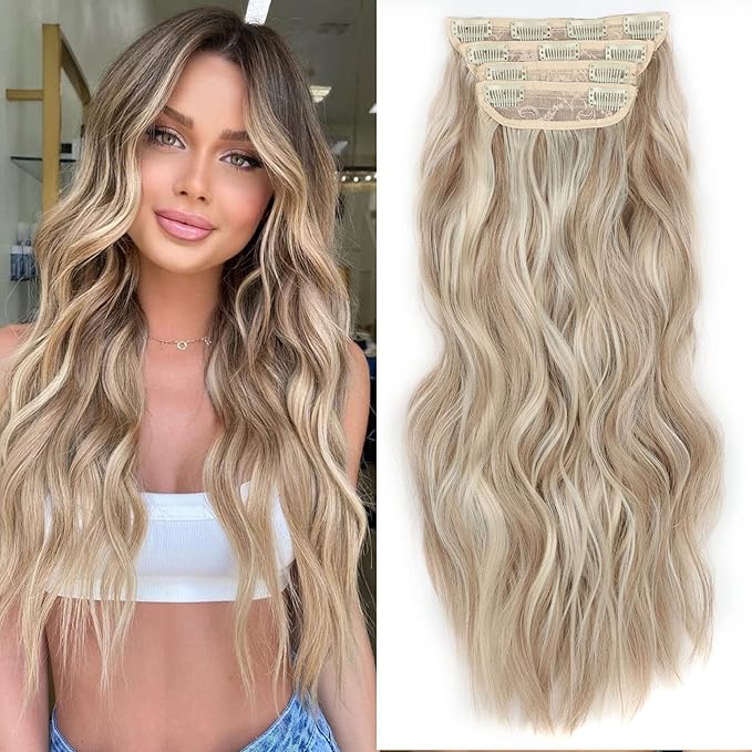 4PCS Clip in Hair Extensions for Women 20inch Dark Ash Blonde Mixed Bleach Blonde Synthetic Clip in Long Wavy Hair Extension Double Weft Hairpieces Full Head For Women (20INCH, P18/60T)