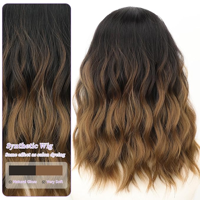 AISI HAIR 14 Inch Ombre Brown Wigs for Women - Shoulder Length Wave Wig with Pre-Cut Lace Hairline, Middle Part Natural Wavy Bob Synthetic Heat Resistant Fiber for Daily and Party