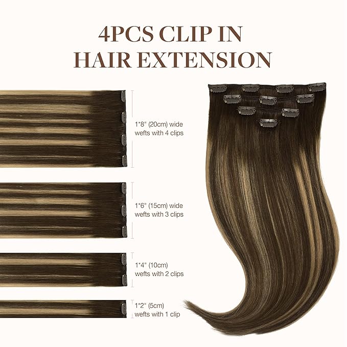 GOO GOO Clip in Hair Extensions Real Human Hair, Remy Human Hair Extensions Clip ins for Women, Natural Human Hair, 16inch 65g 4Pcs, 4/27/4 Balayage Chocolate Brown to Caramel Blonde