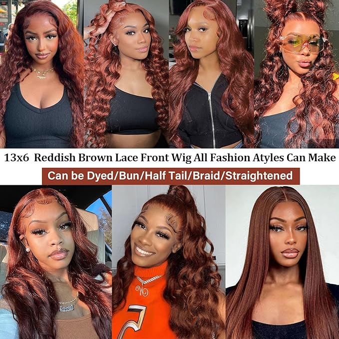 Aicrelery 13x6 Reddish Brown Lace Front Wigs Human Hair Body Wave Reddish Brown 13x6 HD Lace Frontal Wigs for Women 180% Density Full and Thick 33b Auburn Glueless Wigs Realistic Looking 26inch