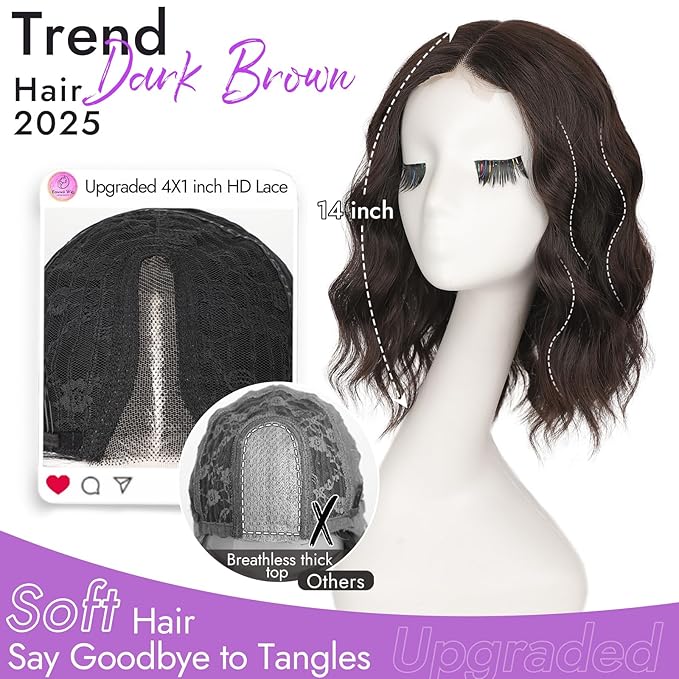 Dark Brown Short Wavy Wig for Women Lace Hairline Bob Style Synthetic Heat Resistant - Natural Appearance for Everyday Hairstyle 14 Inch