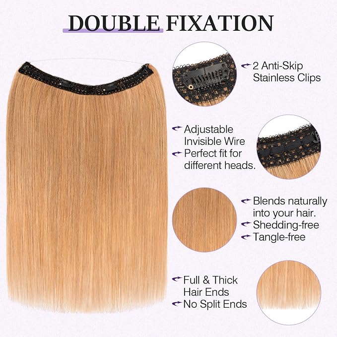 Halo Hair Extensions Real Human Hair,Halo Hair Extension 100% Human Hair,Wire Hair Extensions,Thicker 27 Dark Blonde 12inch/65g