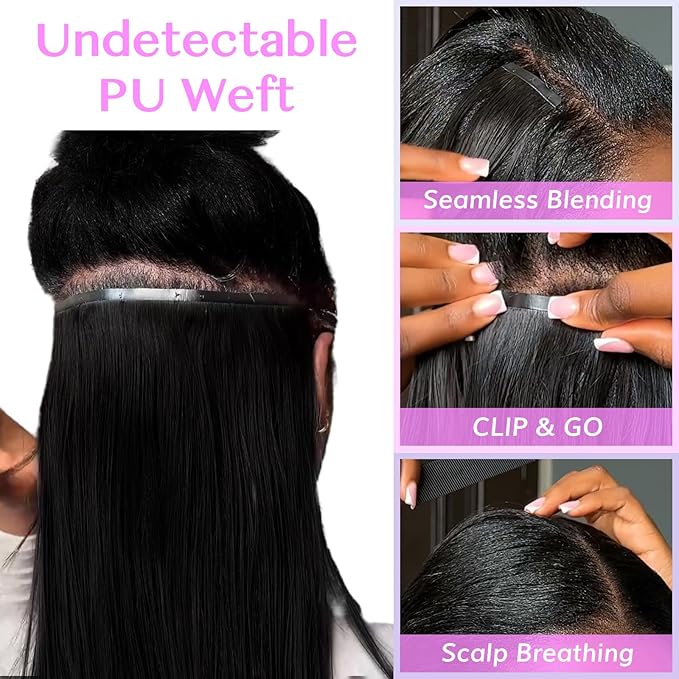 IDN BEAUTY Seamless Clip In Hair Extensions Human Hair Jet Black Real Remy Virgin Human Hair Seamless Clip Ins For Black Women PU Weft Invisible Edge Thick Soft Hair ST 110g 24 Inches