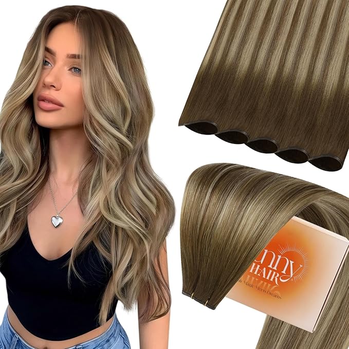 Sunny Hair 24inch Genius Sew in Hair Extensions Real Human Hair Ombre Genius Weft Extensions Walnut Brown to Light Brown Blonde Weft Hair Extensions Human Hair