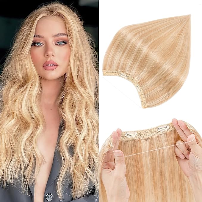 Halo Hair Extensions Real Human Hair,Halo Hair Extension 100% Human Hair,Wire Hair Extensions,Thicker 18P613 Gold Blonde Mixed Bleach Blonde 14inch/70g