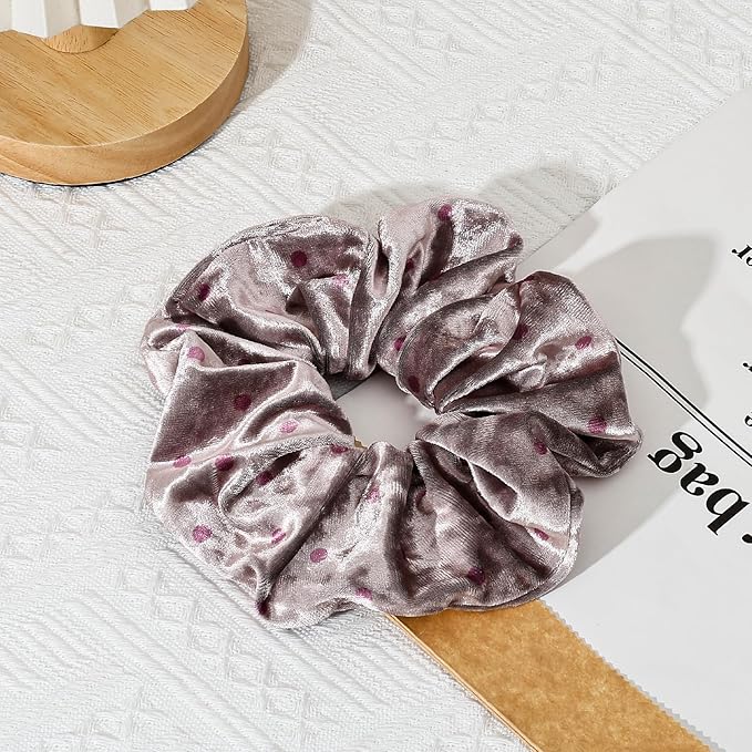 2-Piece Velvet Hair Scrunchies, Big Non Slip Polka Dot Hair Ties for Daily Styling, Parties & Workouts, No Damage Scrunchy Ponytail Holders Hair Accessories for Women & Girls (Pink & Coffee)