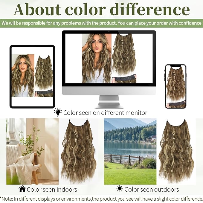 KooKaStyle Invisible Wire Hair Extensions with Transparent Headband Adjustable Size 4 Secure Clips Long Wavy Secret Wire Hairpiece 20 Inch for Women(Medium Brown with Blonde)626D#