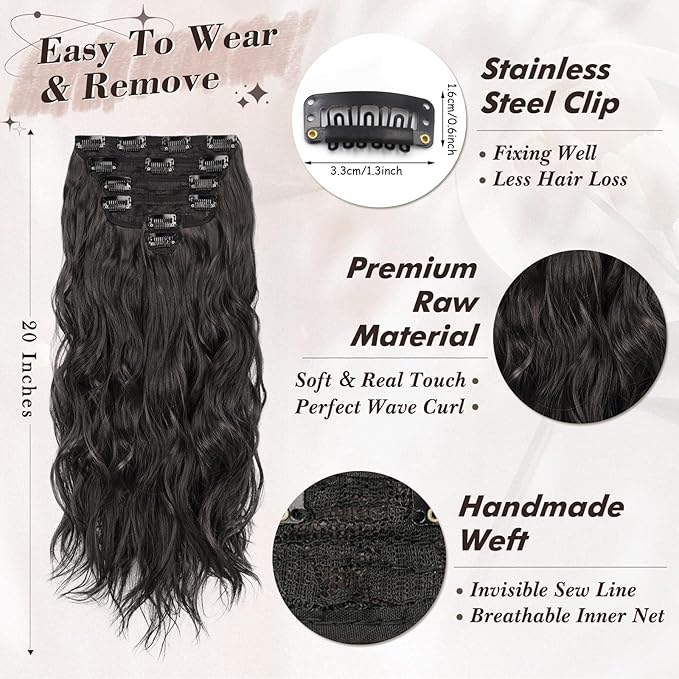 BARSDAR Beach Wavy Black Brown Clip in Hair Extensions – 20 Inch 6 PCS Black Brown Wavy Clip in Hair Extensions for Women - Thick Soft Synthetic Full Head Long Voluminous Easy Wear Clip Hairpieces