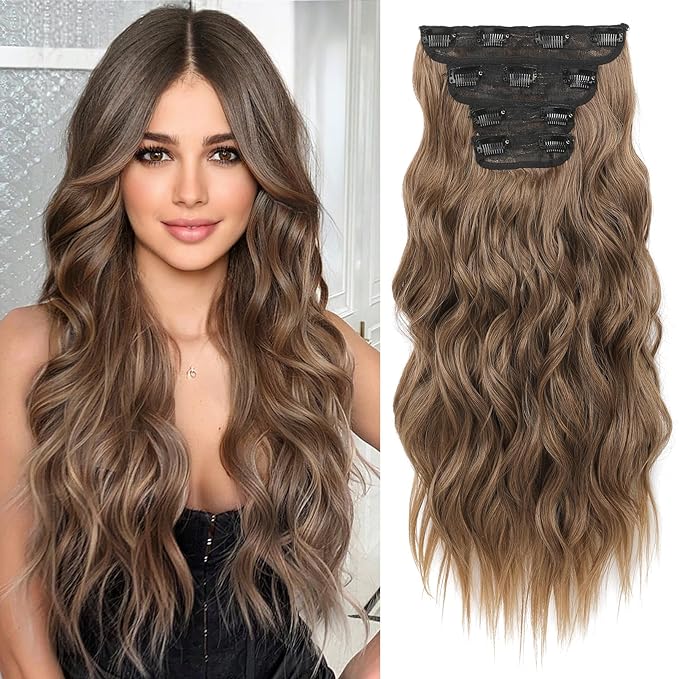 REECHO Hair Extensions, 4PCS Clip in Hair Extensions HE001 Natural Soft Synthetic Hairpieces for Women, Dark Ash Blonde with Golden Ends