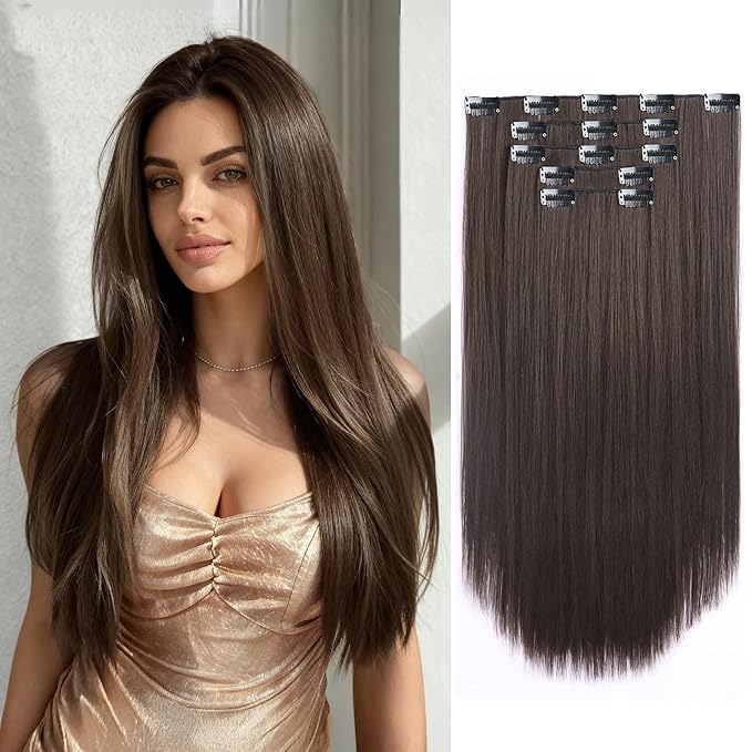 Dark Brown Clip in Extensions 18 Inch Invisible Long Synthetic Extension 5PCS Straight Fake Soft and Not Easily Knotted Clips on Hair Pieces for Women Grils Weddings Party Daily Use 6.5 Oz