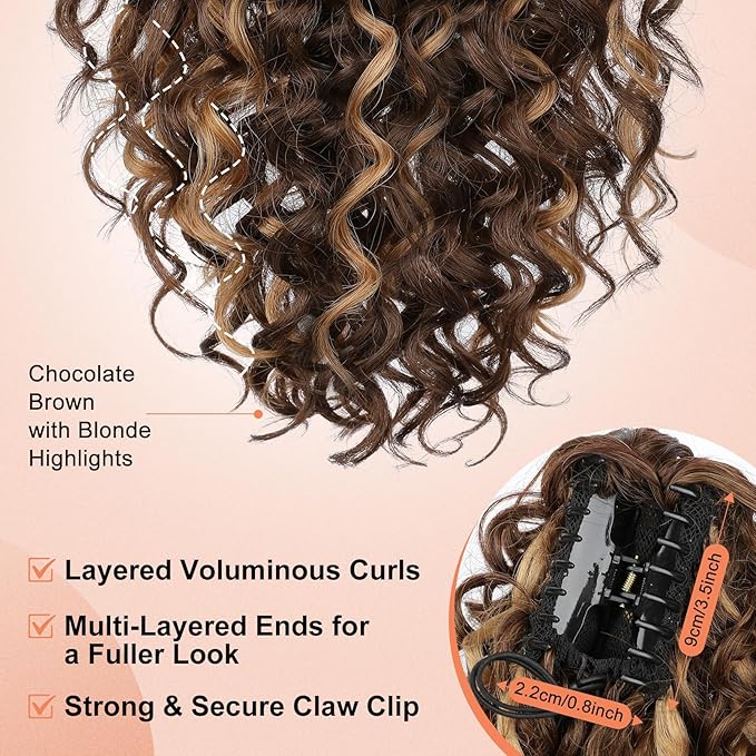 SEIKEA Ponytail Extension, 18" Claw Clip Ponytail Extension Wavy Curly Jaw Clip in Ponytail Hair Extensions Fluffy Natural Soft Fake Pony Tails Synthetic Hairpiece Chocolate Brown/Blonde Highlights