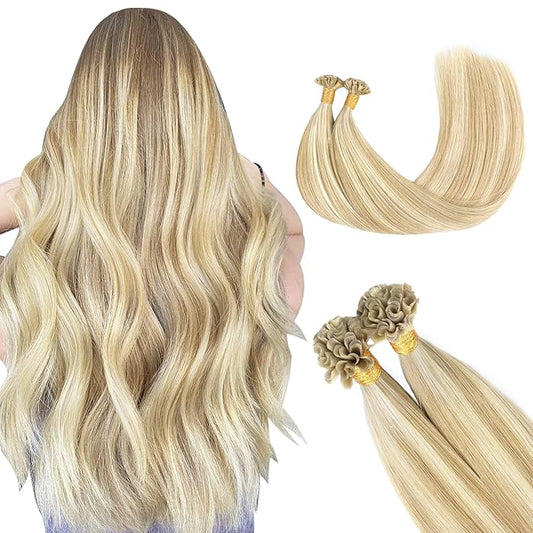 GOO GOO U Tip Hair Extensions Real Human Hair, 18inch 50g 50S, Hot Fusion U Tip Hair Extensions, Invisible Remy Hair Extensions, 18A/613A Dark Blonde Highlighted Bleach Blonde