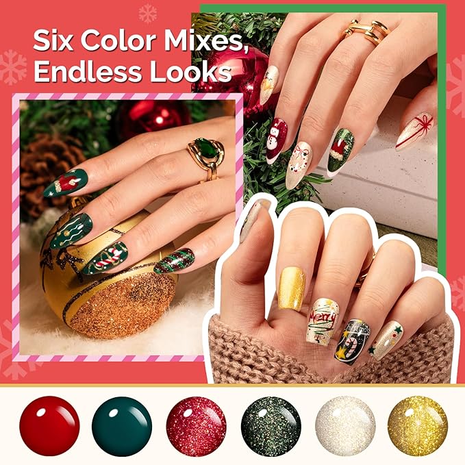 MelodySusie Highly Pigmented Gel Nail Polish Set, 0.56 fl.oz Tilt-and-Stand Bottle, HEMA Free Plant-Based Formula, 6 Colors Christmas, Soak Off UV LED Manicure Kit Gift Box(Red Green Glitter Gold)