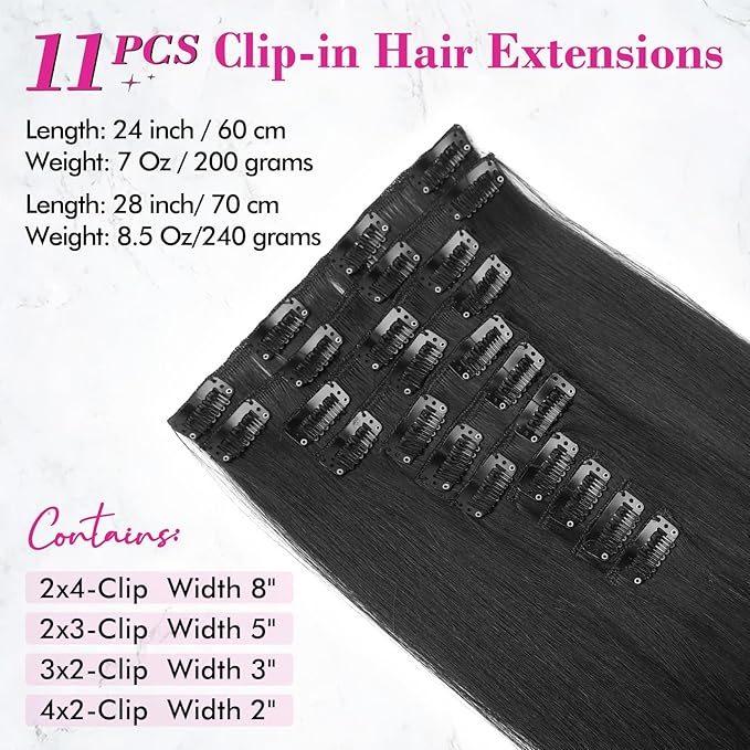 REECHO Hair Extensions, 11PCS Clip in Hair Extensions 28" Long Straight hair extensions HE005 Natural Soft Synthetic Hairpieces for Women- Black Brown