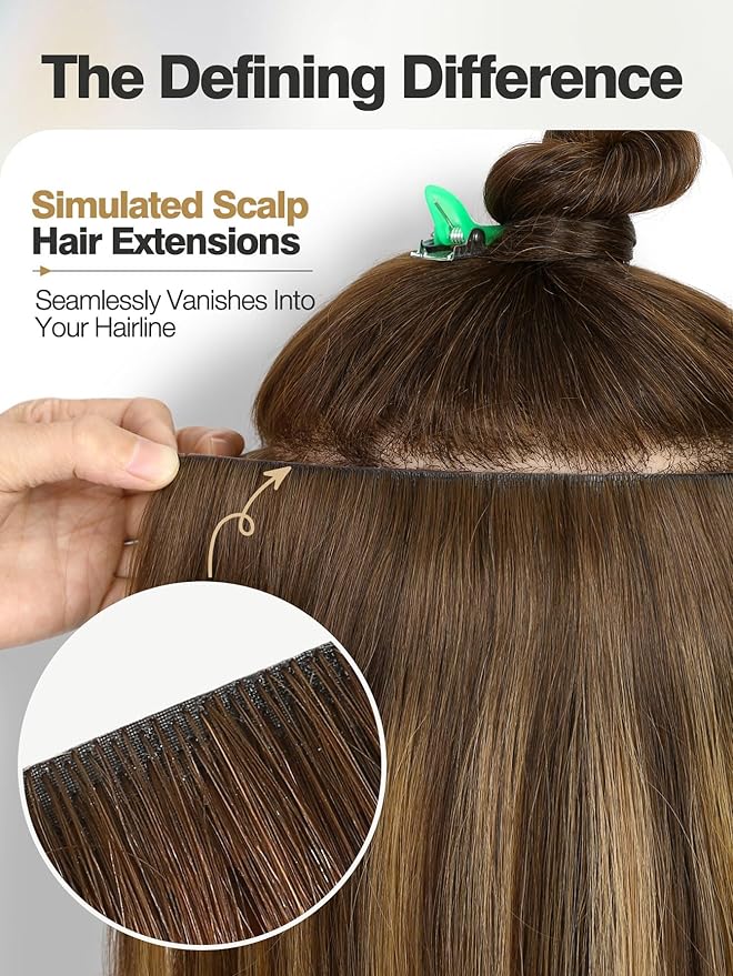 Twin Tab Butterfly Genius Weft Human Hair Extensions Latest Double Invisible Real 100% Remy Human Hair OVO Weft with Micro Bead Simulated Scalp Hair Extensions 100g 7ps 18 Inch Brown Highlight