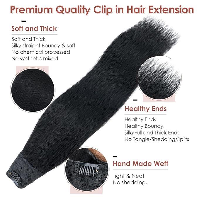 Benehair One Piece 5 Clips in Hair Extensions Human Hair 3/4 Full Head V Shaped Weft Thick Lace Net For Women (12"-55g #1 Dark Black)