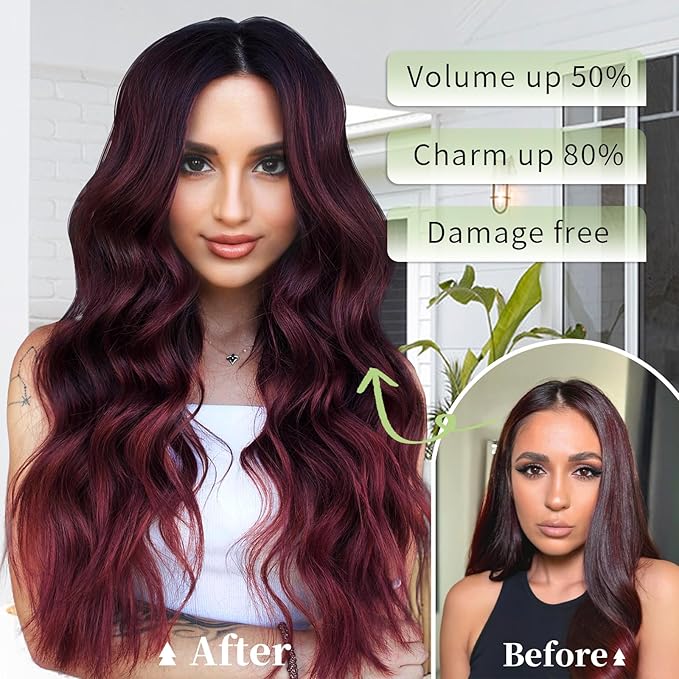 KooKaStyle Invisible Wire Hair Extensions with Transparent Headband Adjustable Size 4 Secure Clips Long Wavy Hairpiece 20 Inch Ombre Burgundy mix Black for Women