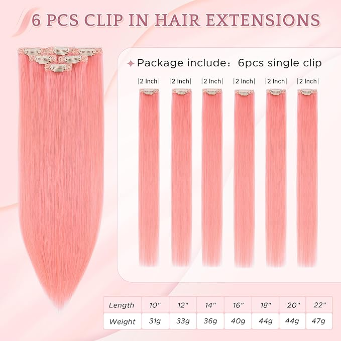 SEGO Single Pink Clip In Hair Extensions Real Human Hair 6 Pcs Individual Colored Clip Ins Highlight Remy Balayage Straight Soft Seamless Hairpieces for Women -18 Inch #Pink