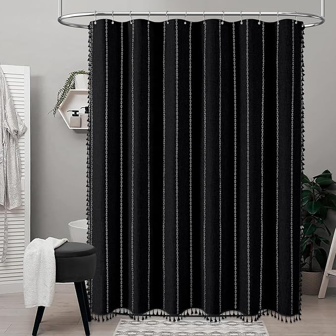 BTTN Stall Shower Curtain - 60x72 Narrow Boho Farmhouse Linen Vintage Striped Fabric Shower Curtain with 10 Hooks, Bohemian Cottage Decorative Heavy Duty Shower Curtains for Bathroom - Black and White