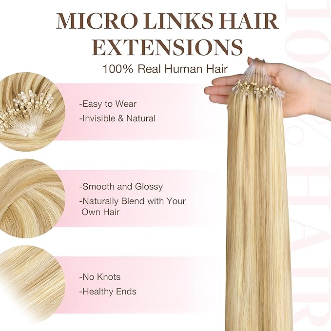 GOO GOO Micro Link Tip Hair Extensions, Real Human Hair, 16inch 50g 50S, Cold Fusion, Invisible Remy, 18D/22F Dirty Blonde Highlights