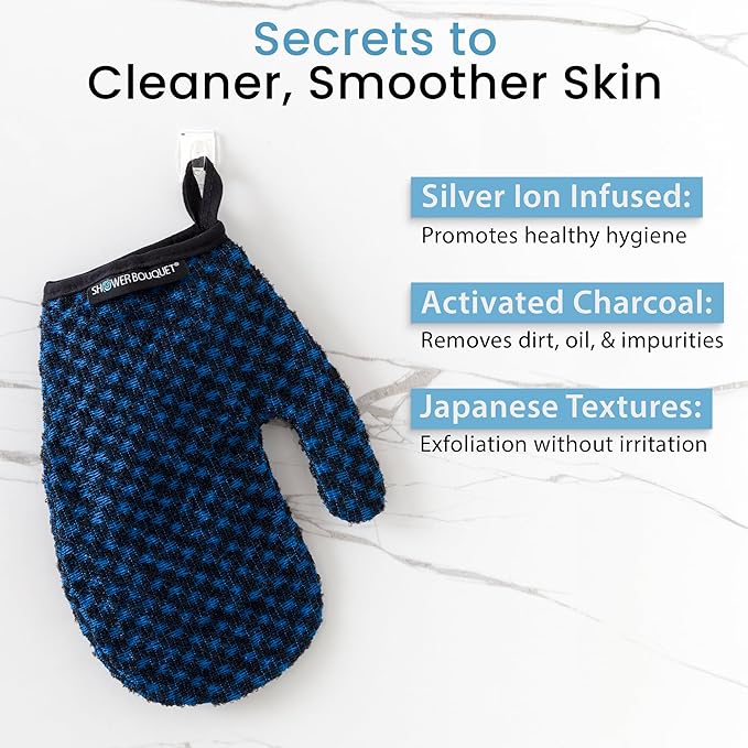 Japanese Exfoliating Mitt for Shower [1-Pack, Blue] - Charcoal & Silver Ion Exfoliating Glove - Gentle Exfoliation & Deep Cleansing Shower Mitt - Exfoliating Body Scrubber Glove, Soft Fabric Inside