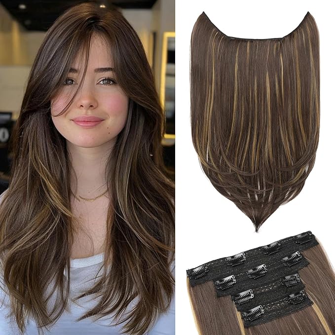 Hair Extensions, 4PCS 18" Clip in Hair Extensions Layered Cut Natural Lightweight Hairpieces with Thinner Softer Invisible Weft for Women - Dark Brown with Highlights