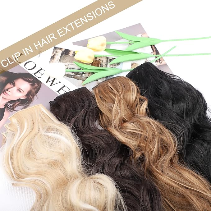 Highlight Clip In Hair Extensions 24 inch Dark Brown for Women Synthetic Clip in Long Wavy Hair Extension Double Weft Hairpieces Full Head For Women (24INCH, H2/426)