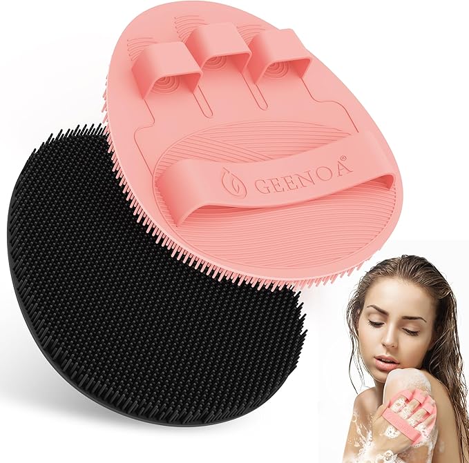 Silicone Bath Gloves 2PCS, 360° Anti-Slip Silicone Body Scrubber for Rich Foaming Deep Cleaning, Revolutionary No-Grip & Hand-fit Design Shower Scrubber for All Skin Types.(Black+Light Pink)