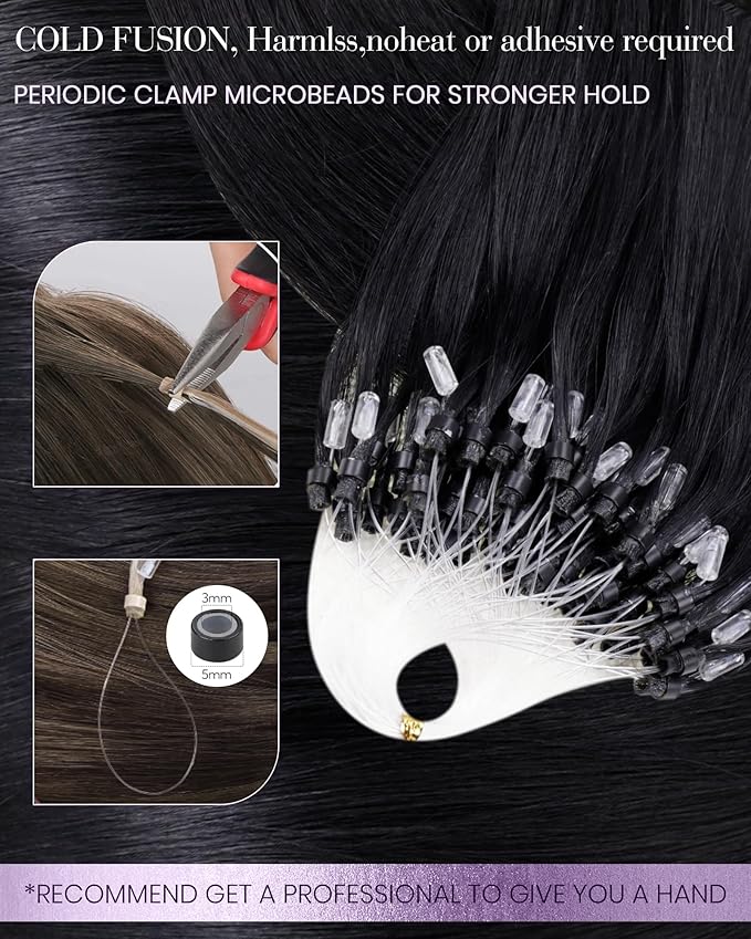 LaaVoo Micro Loop Hair Extensions Real Human Hair Jet Black Microlink Hair Extensions Human Hair Black Microbead Extensions Jet Black 14 Inch 50g/50s