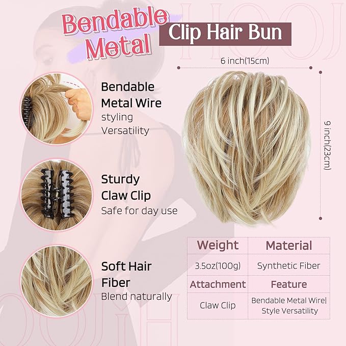 HOOJIH Messy Bun Hair Piece, Claw Clip in Straight Hair Bun 9 Inch Short Ponytail Extension with Bendable Metal Wire Hair Pieces for Women Fake Hair Bun - Deep Blonde with Light Blonde Tails