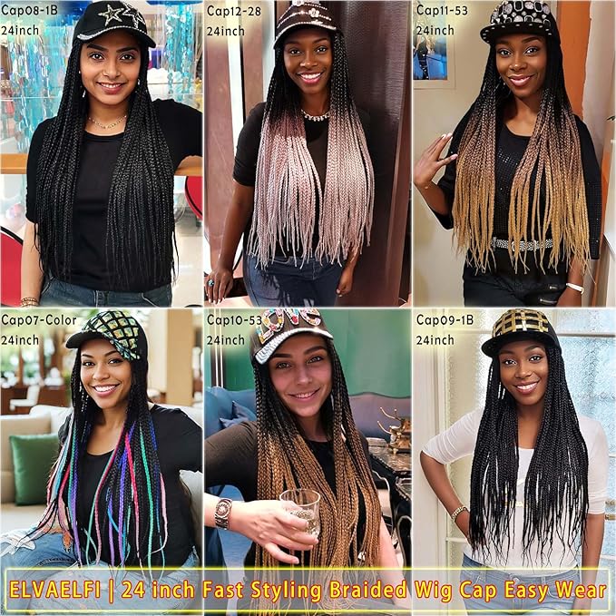 24inch Box Braid Hair Extensions Ombre Brown, Punk Studs Flat Baseball Cap Wigs for Women Girls Easy Wear
