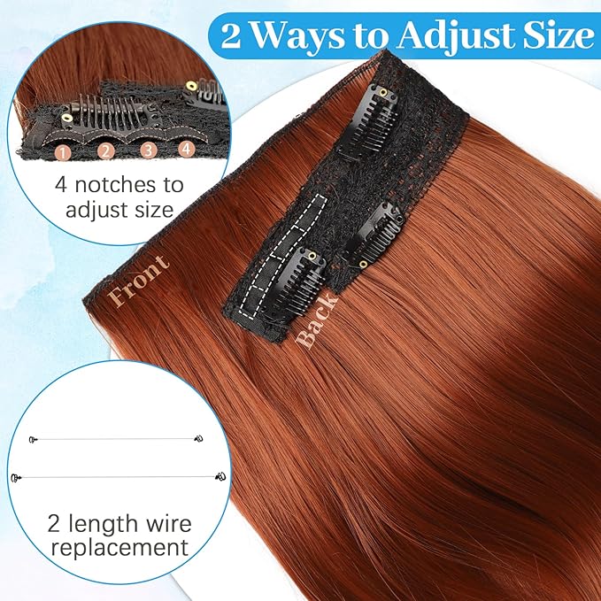 KooKaStyle Invisible Wire Hair Extensions Long Wavy Layered Synthetic Hair Extensions with Transparent Wire Adjustable Size 6 Secure Clips Auburn Hairpieces for Women 20 Inch