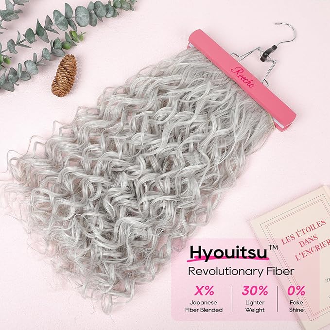 REECHO Curly Hair Extensions, 4PCS 20 inch Clip in Hair Extensions Lace Weft Short Curly Extensions Clip Ins Invisible Natural Hairpieces for Women, Silver Grey