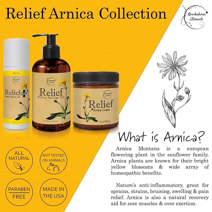 Relief Arnica Cream – Enriched with Lemongrass, Eucalyptus & Rosemary Essential Oils – All Natural Massage Lotion for Sore Muscles & Stiffness. Perfect for Massage Therapy by Brookethorne Naturals