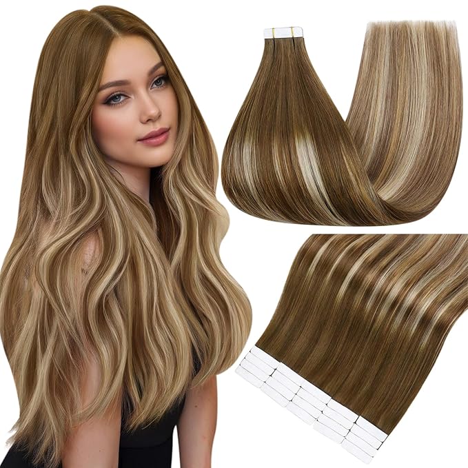 Full Shine Invisible Tape in Hair Extensions Human Hair 22 Inch Real Extensions Color 4/27/60/8 Medium Brown Ombre Blonde and Ash Brown Hair Extensions Tape Ins 50g 20PCS Add Length