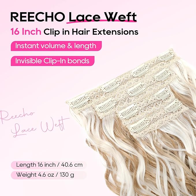 REECHO Curly Hair Extensions, 4PCS 16 inch Clip in Hair Extensions Lace Weft Short Curly Hair Extensions Clip Ins Invisible Natural Hairpieces for Women, Ash Blonde with Highlights