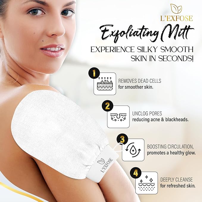L'Exfose Kessa Hammam Deep Exfoliating Glove for Shower - Korean Exfoliating Mitt Body Scrubber Ideal for Dead Skin Remover, Keratosis Pilaris & Self-Tanning (Cyan Blue & Ivory)